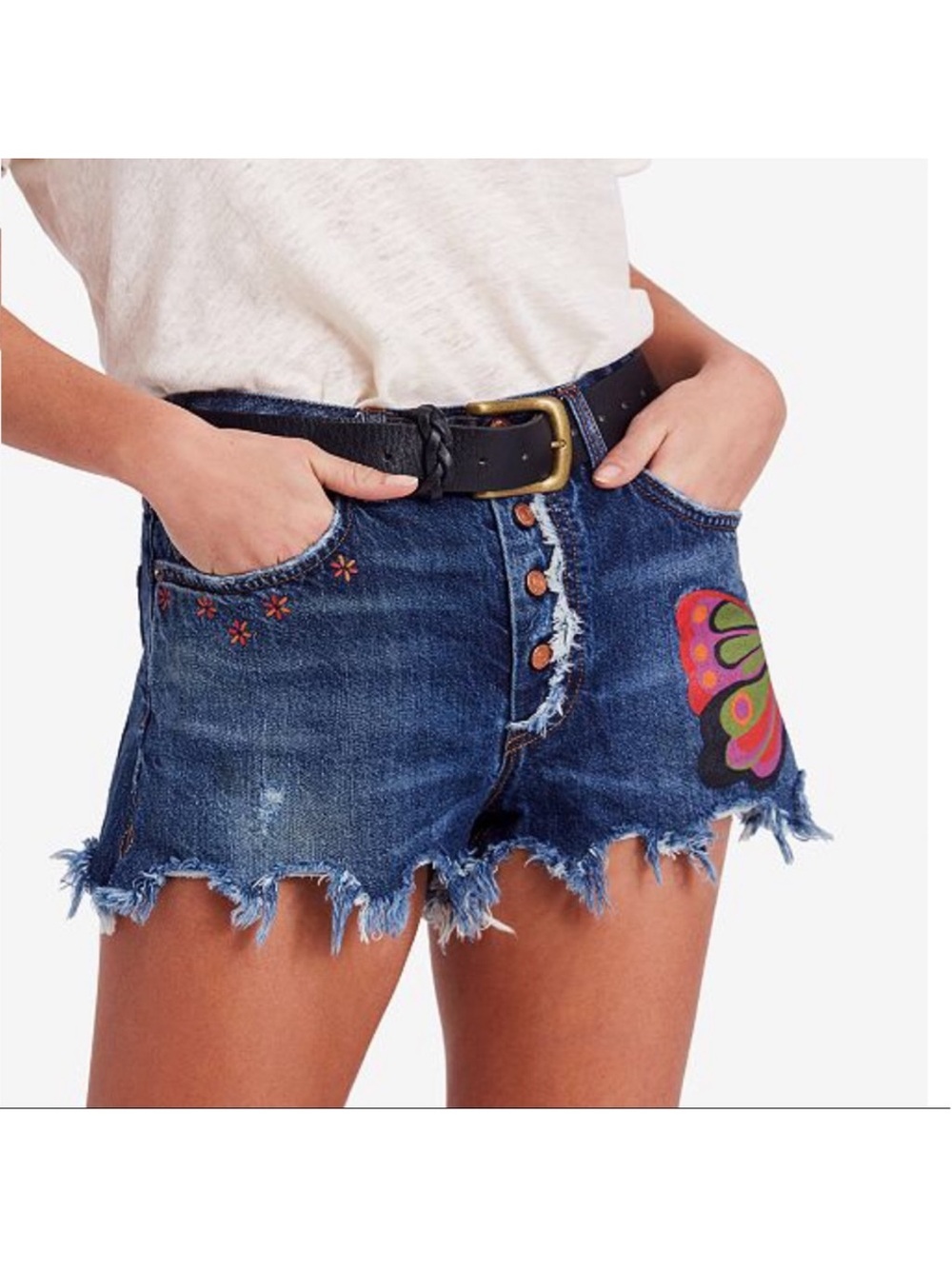 We The Free Free People Fields of Sun Raw Hem Painted Butterfly Denim Shorts W27